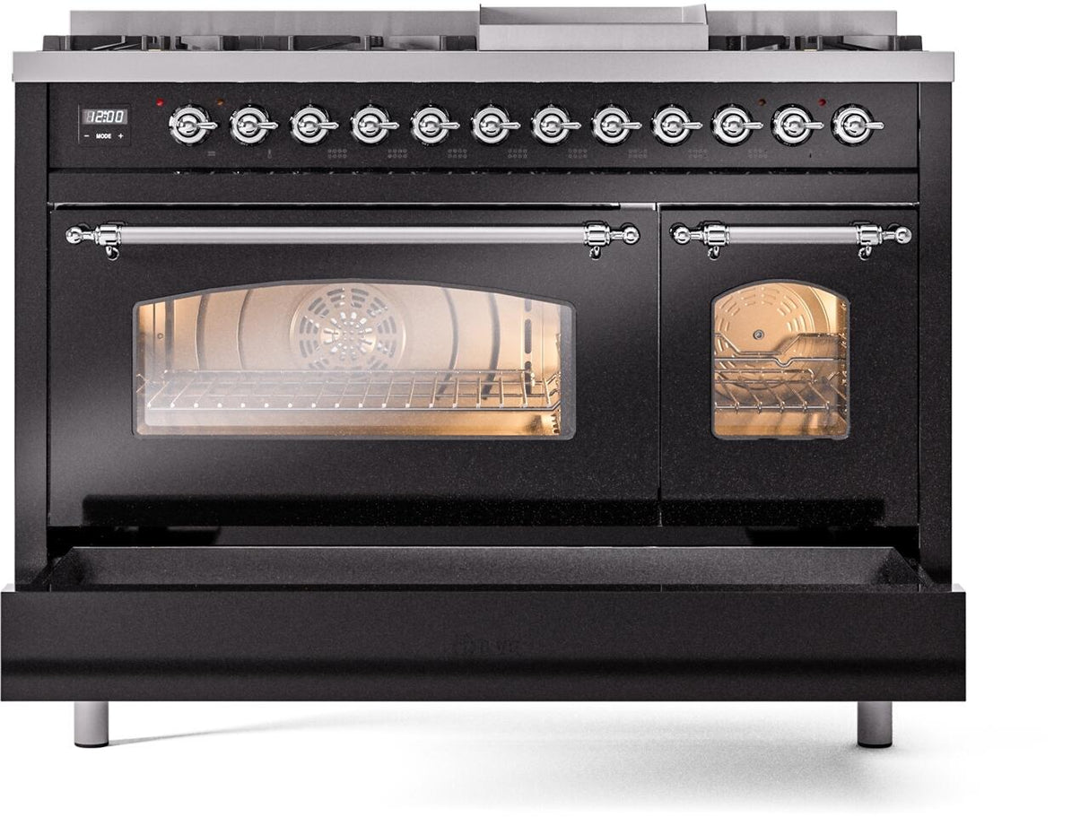 ILVE Nostalgie II 48-Inch Freestanding Natural Gas Dual Fuel Range in Glossy Black with Chrome Trim (UP48FNMPBKC)