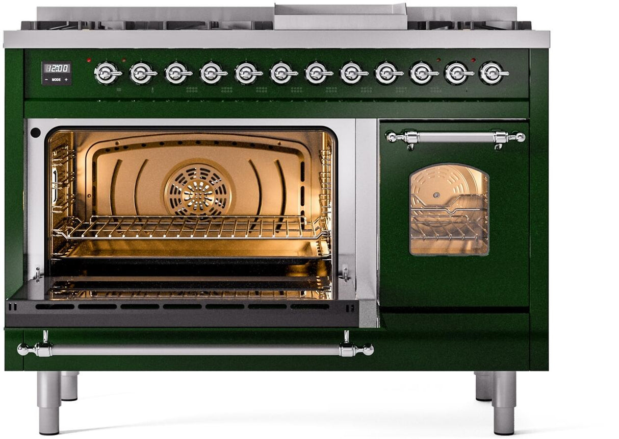ILVE Nostalgie II 48-Inch Dual Fuel Freestanding Range in Emerald Green with Chrome Trim (UP48FNMPEGCLP)