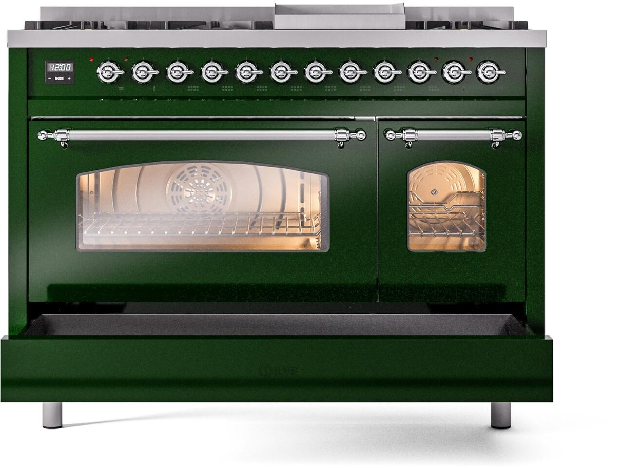 ILVE Nostalgie II 48-Inch Dual Fuel Freestanding Range in Emerald Green with Chrome Trim (UP48FNMPEGCLP)