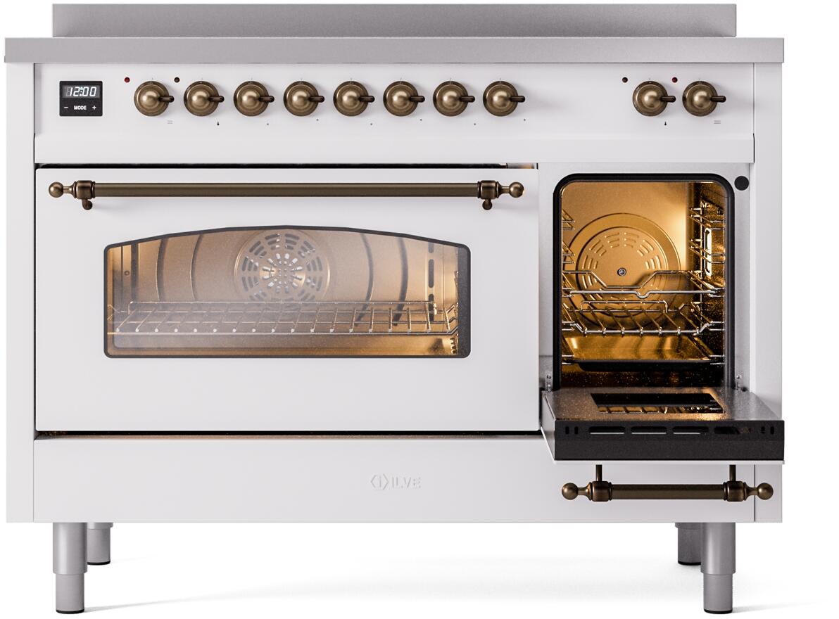 ILVE Nostalgie II 48-Inch Freestanding Electric Induction Range in White with Bronze Trim (UPI486NMPWHB)