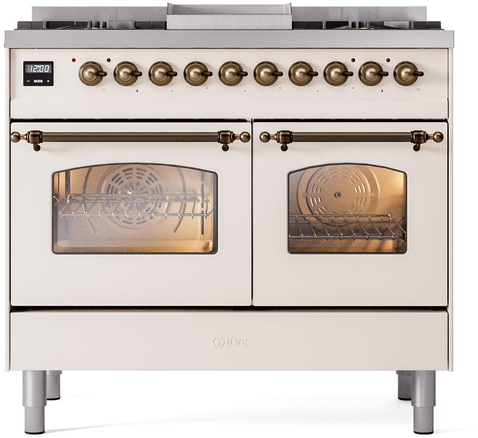 ILVE Nostalgie II 40-Inch Dual Fuel Freestanding Range in Antique White with Bronze Trim (UPD40FNMPAWBLP)