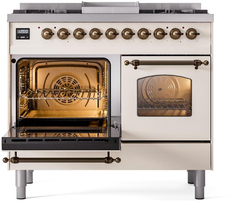 ILVE Nostalgie II 40-Inch Freestanding Natural Gas Dual Fuel Range in Antique White with Bronze Trim (UPD40FNMPAWB)