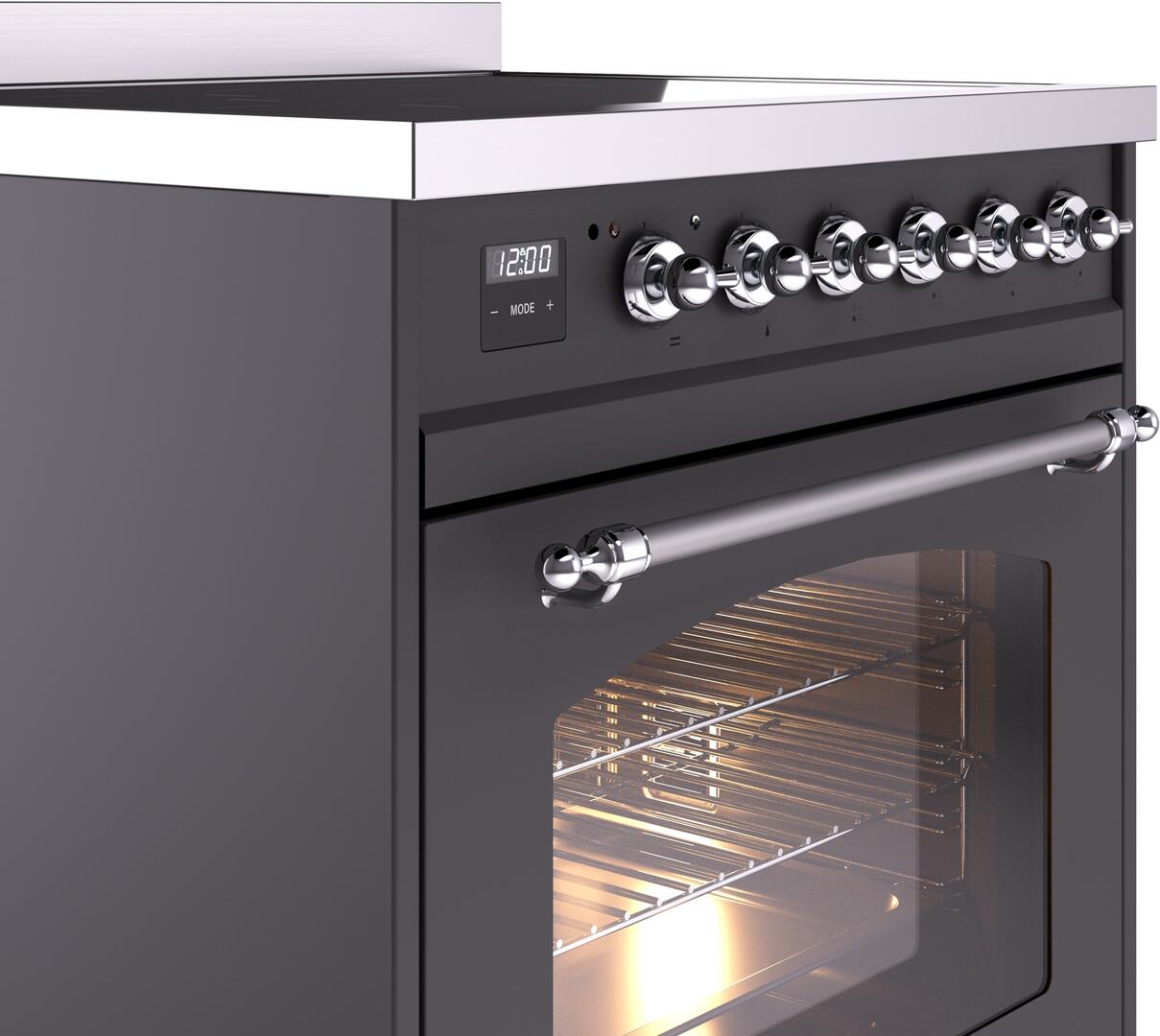 ILVE Nostalgie II 30-Inch Freestanding Electric Induction Range in Matte Graphite with Chrome Trim (UPI304NMPMGC)