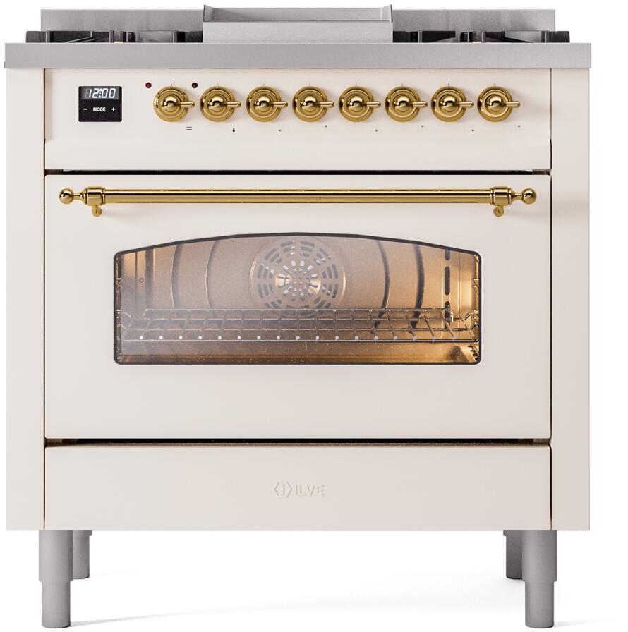 ILVE Nostalgie II 36-Inch Dual Fuel Freestanding Range in Antique White with Brass Trim (UP36FNMPAWGLP)