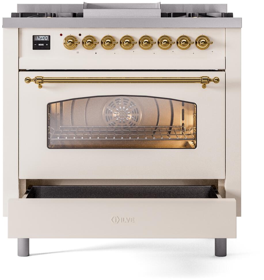 ILVE Nostalgie II 36-Inch Dual Fuel Freestanding Range in Antique White with Brass Trim (UP36FNMPAWGLP)
