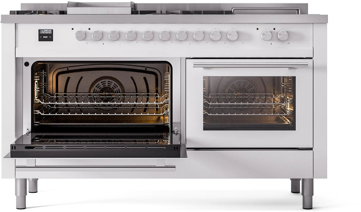 ILVE Professional Plus II 60-Inch Natural Gas Dual Fuel Range with 7 Burners, Griddle, & French Top with Triple Glass Door Oven in White (UP60FSWMPWH)