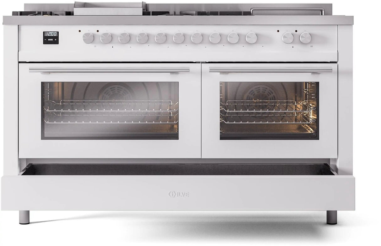 ILVE Professional Plus II 60-Inch Natural Gas Dual Fuel Range with 7 Burners, Griddle, & French Top with Triple Glass Door Oven in White (UP60FSWMPWH)