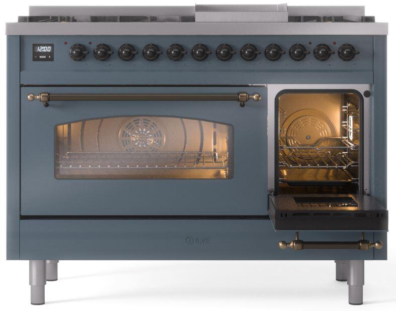 ILVE Nostalgie II 48-Inch Freestanding Natural Gas Dual Fuel Range in Blue Grey with Bronze Trim (UP48FNMPBGB)