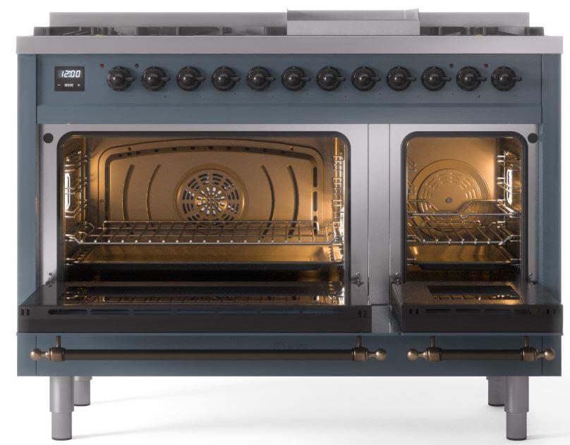 ILVE Nostalgie II 48-Inch Dual Fuel Freestanding Range in Blue Grey with Bronze Trim (UP48FNMPBGBLP)