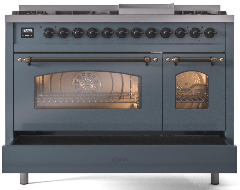 ILVE Nostalgie II 48-Inch Freestanding Natural Gas Dual Fuel Range in Blue Grey with Bronze Trim (UP48FNMPBGB)