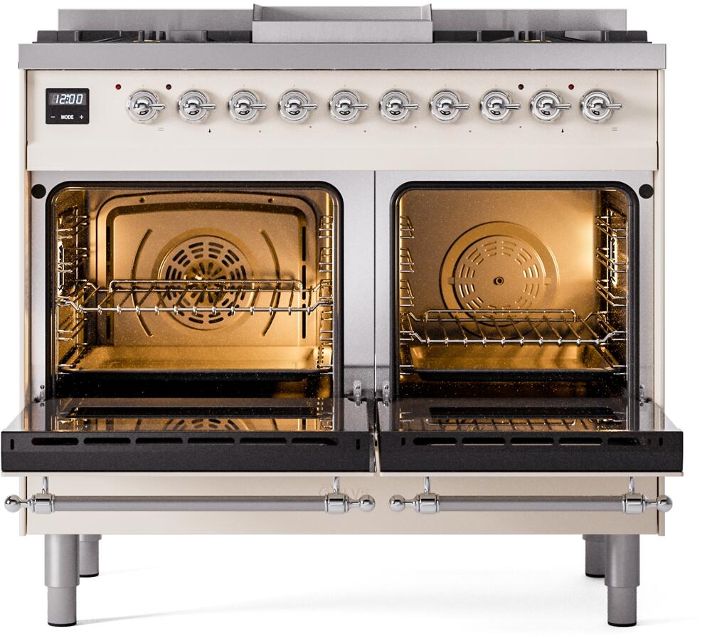 ILVE Nostalgie II 40-Inch Dual Fuel Freestanding Range in Antique White with Chrome Trim (UPD40FNMPAWCLP)