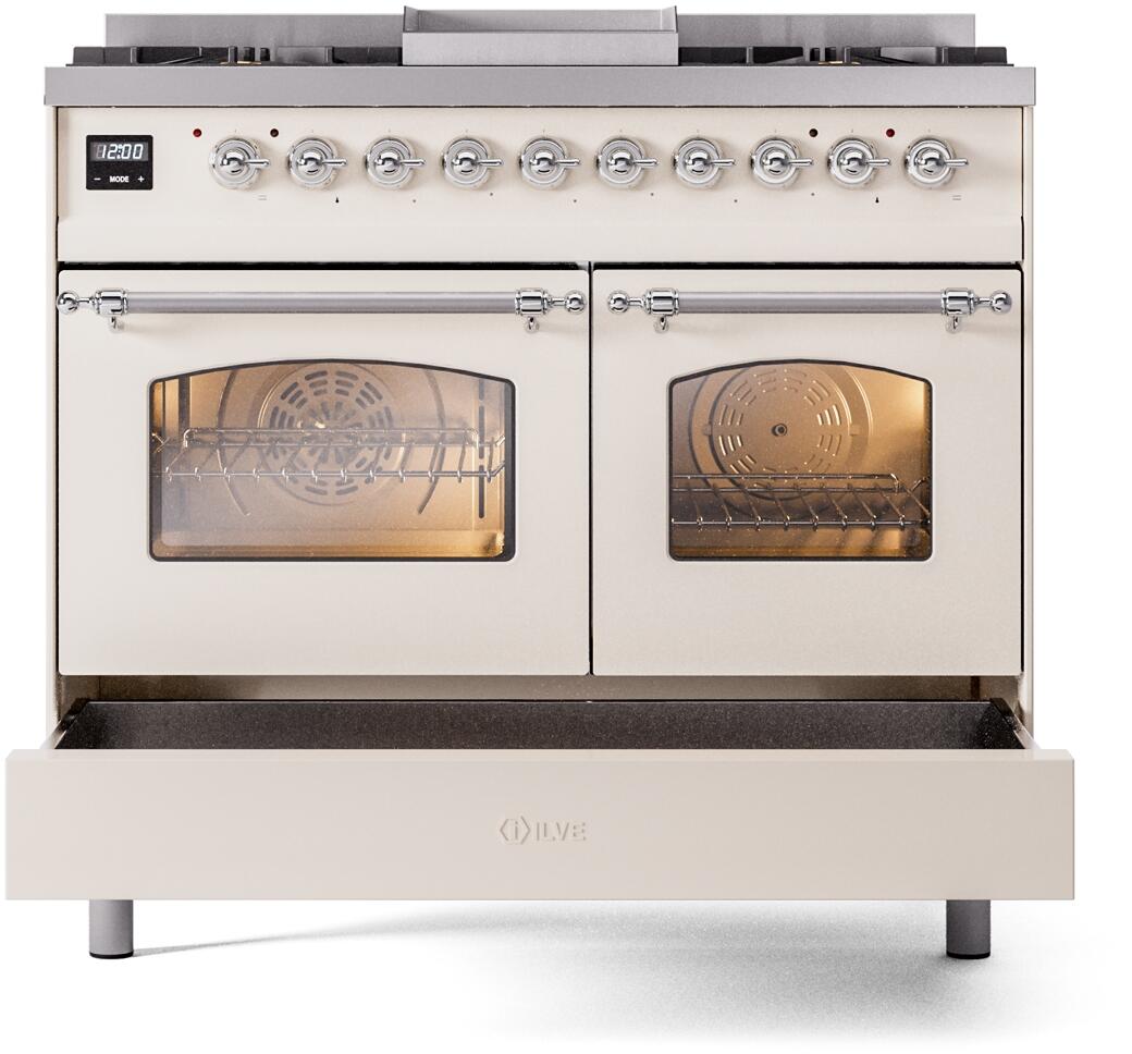 ILVE Nostalgie II 40-Inch Freestanding Natural Gas Dual Fuel Range in Antique White with Chrome Trim (UPD40FNMPAWC)
