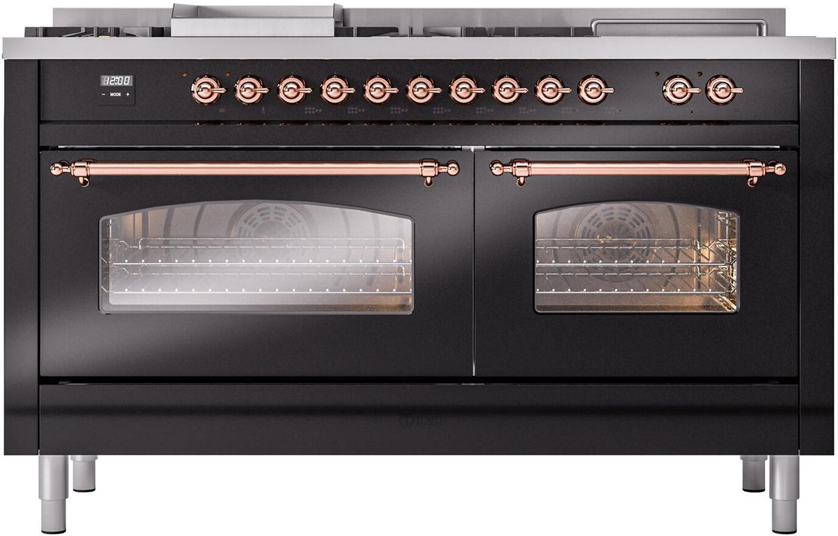 ILVE Nostalgie II 60-Inch Propane Gas Dual Fuel Range with 7 Burners, Griddle, & French Top with Triple Glass Door Oven in Glossy Black with Copper Trim (UP60FSNMPBKPLP)