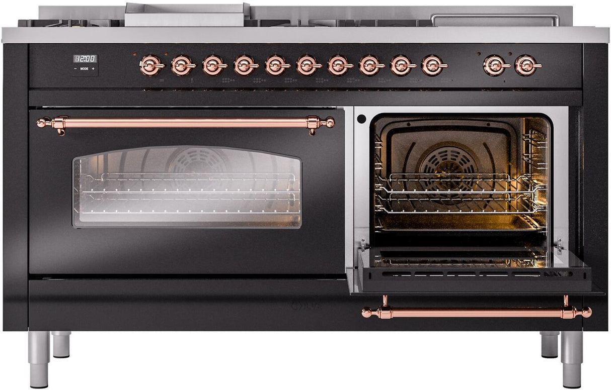 ILVE Nostalgie II 60-Inch Propane Gas Dual Fuel Range with 7 Burners, Griddle, & French Top with Triple Glass Door Oven in Glossy Black with Copper Trim (UP60FSNMPBKPLP)