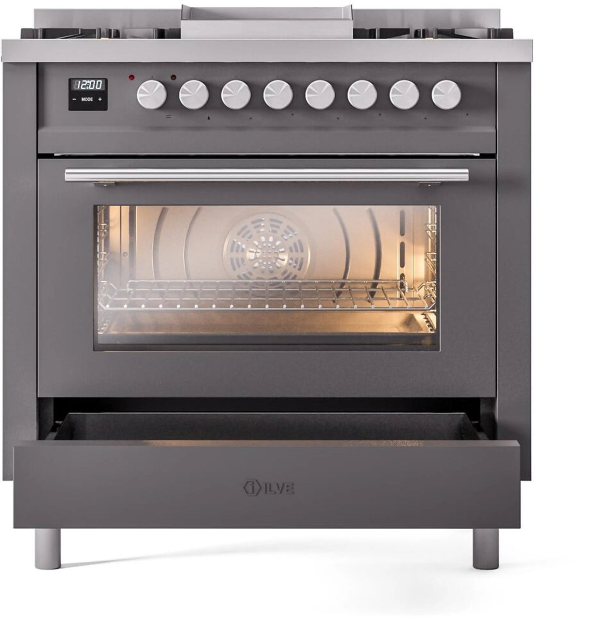 ILVE Professional Plus II 36-Inch Freestanding Propane Gas Dual Fuel Range with 6 Sealed Burner in Matte Graphite (UP36FWMPMGLP)