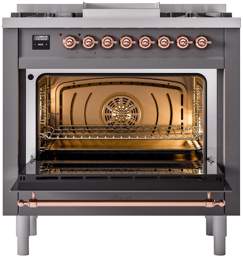 ILVE Nostalgie II 36-Inch Dual Fuel Freestanding Range in Matte Graphite with Copper Trim (UP36FNMPMGPLP)