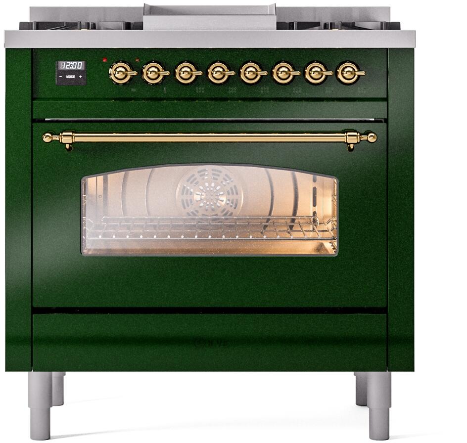ILVE Nostalgie II 36-Inch Freestanding Natural Gas Dual Fuel Range in Emerald Green with Brass Trim (UP36FNMPEGG)