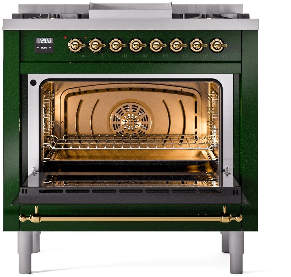 ILVE Nostalgie II 36-Inch Freestanding Natural Gas Dual Fuel Range in Emerald Green with Brass Trim (UP36FNMPEGG)