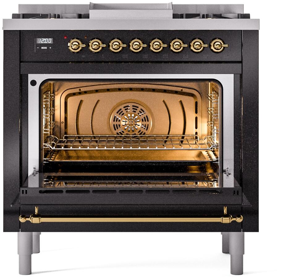 ILVE Nostalgie II 36-Inch Freestanding Natural Gas Dual Fuel Range in Glossy Black with Brass Trim (UP36FNMPBKG)