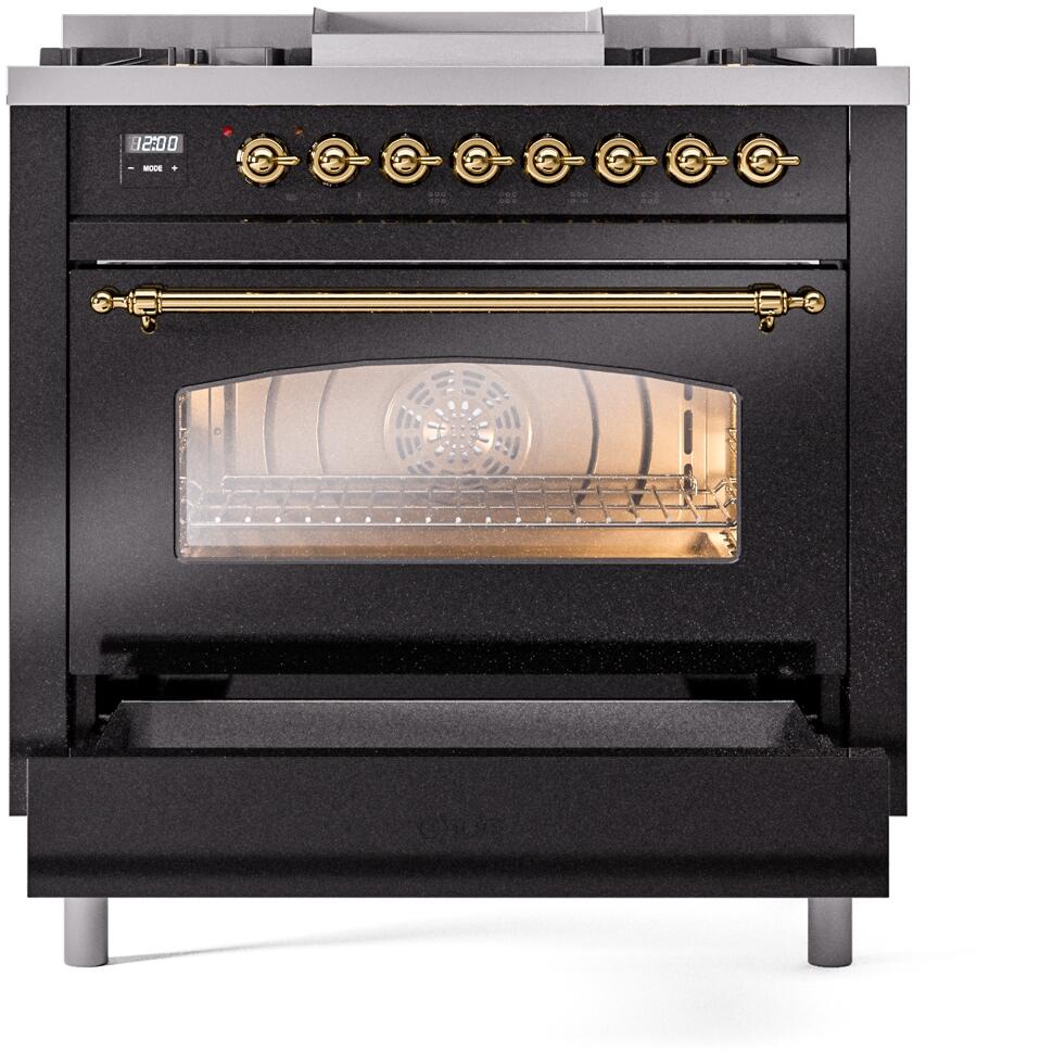 ILVE Nostalgie II 36-Inch Freestanding Natural Gas Dual Fuel Range in Glossy Black with Brass Trim (UP36FNMPBKG)