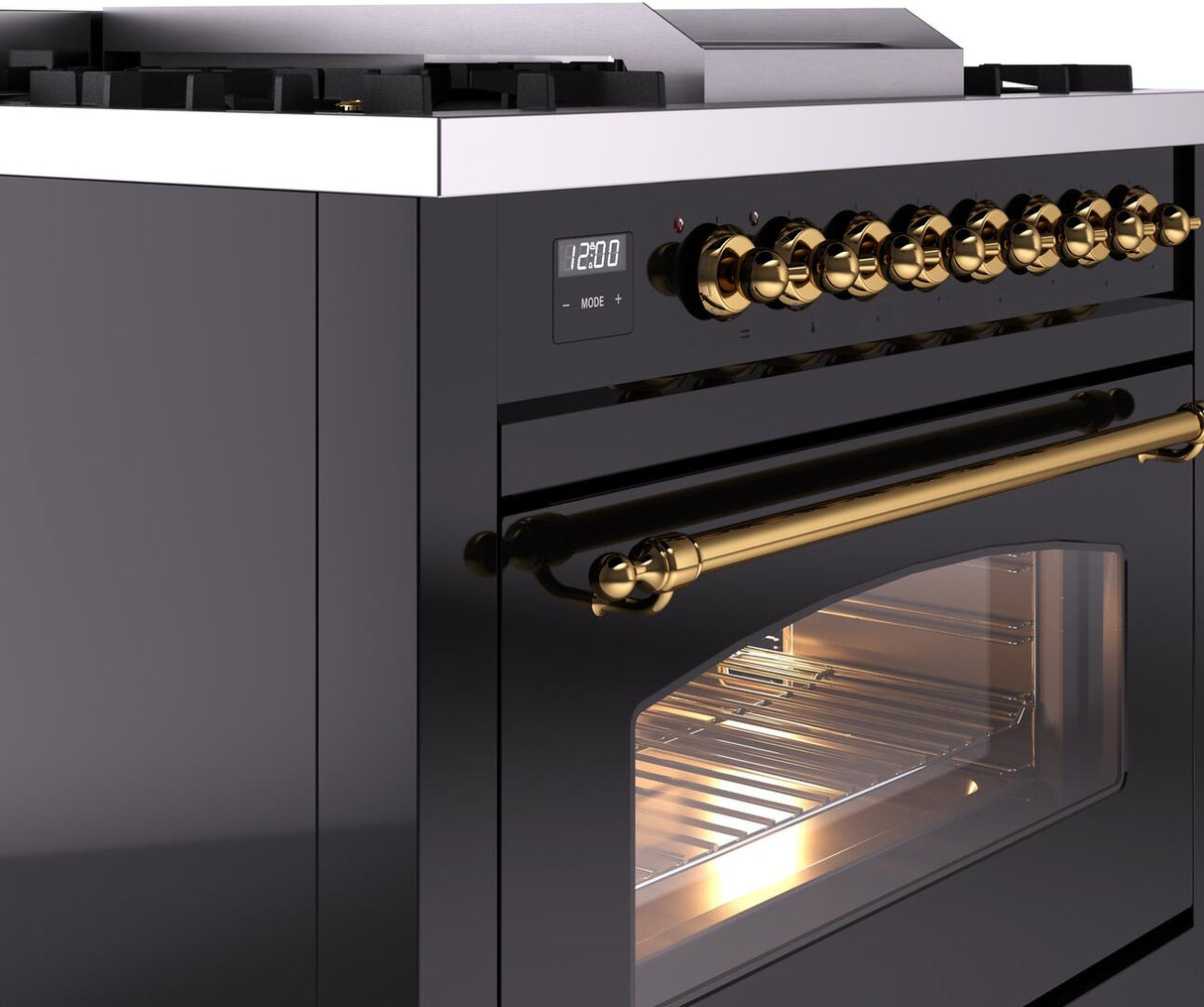 ILVE Nostalgie II 36-Inch Freestanding Natural Gas Dual Fuel Range in Glossy Black with Brass Trim (UP36FNMPBKG)