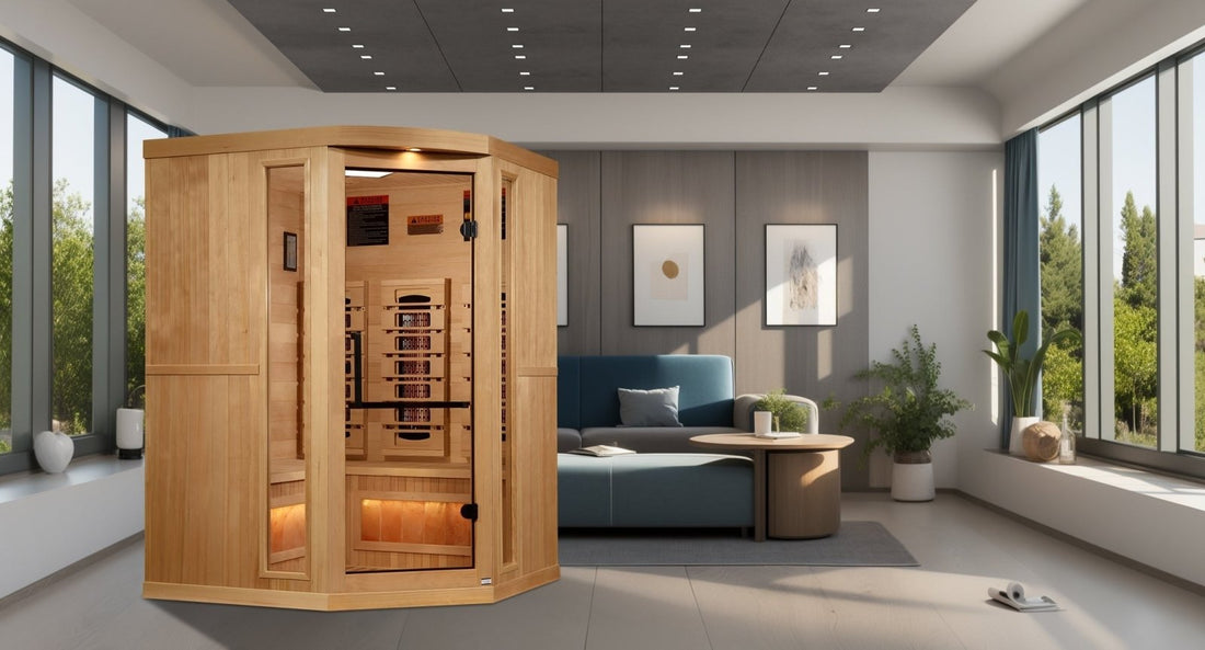 Golden Designs Corner Full Spectrum PureTech™ Near Zero EMF Indoor Infrared Sauna with Himalayan Salt Bar in Canadian Hemlock (3-Person Capacity)