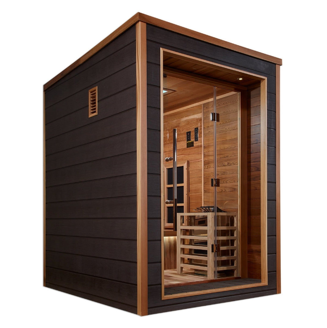 Golden Designs Nora Hybrid (PureTech™ Full Spectrum IR or Traditional Stove) Outdoor Sauna with Canadian Red Cedar Interior (2-Person Capacity)