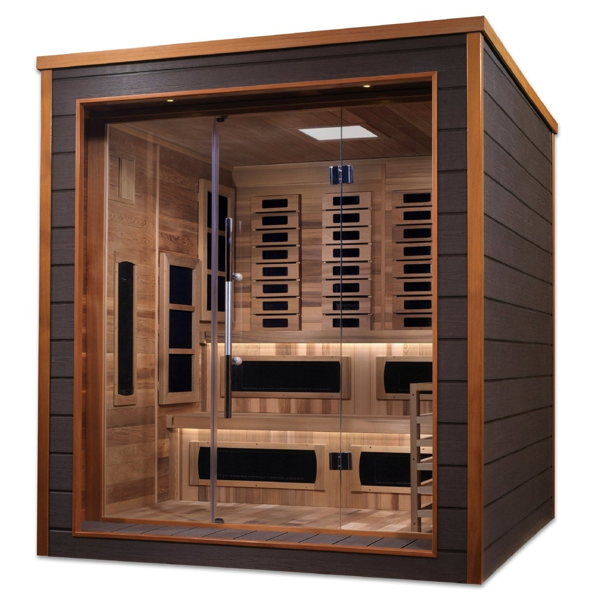 Golden Designs Karlstad Hybrid (PureTech™ Full Spectrum IR or Traditional Stove) Indoor/Outdoor Sauna with Canadian Red Cedar Interior (6-Person Capacity)