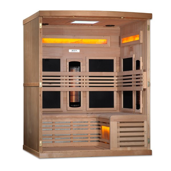 Golden Designs Full Spectrum PureTech™ Near Zero EMF Indoor Infrared Sauna with 3 Himalayan Salt Bars in Canadian Hemlock (3-Person Capacity)