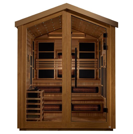 Golden Designs Kaskinen Outdoor Barn Style Hybrid (PureTech™ Full Spectrum IR or Traditional Stove) Sauna with Canadian Red Cedar Interior (6-Person Capacity)