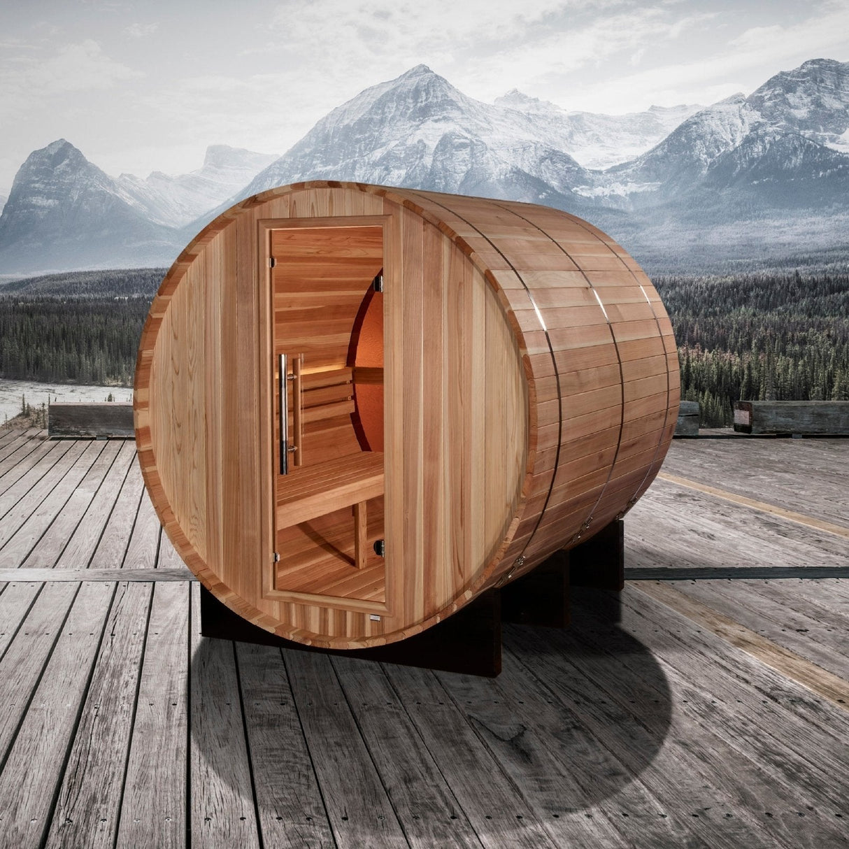 Golden Designs Zurich Outdoor Barrel Traditional Sauna with Bronze Privacy View and Pacific Premium Cedar Wood Construction (4-Person Capacity)