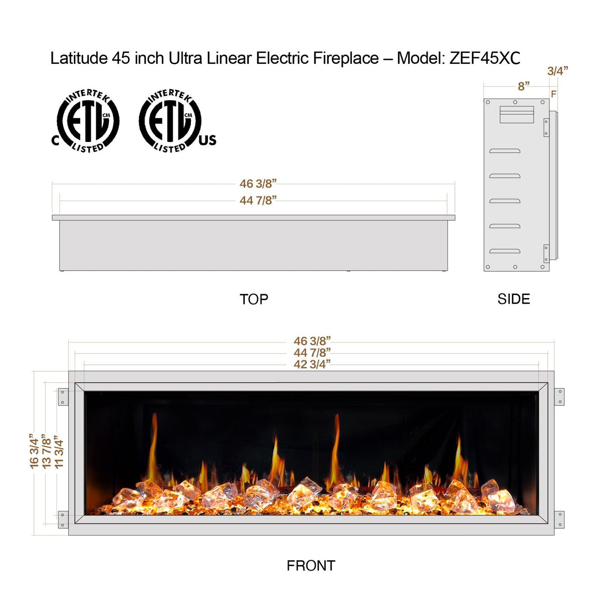 2025 New Litedeer Homes Latitude 45-inch Ultra-Slim Smart Electric Fireplace with 1-inch Trim, Multi-Flame LED, Crushed Ice Rocks, WiFi/App-Control, Flush/Recessed/Wall-Mounted (Model: ZEF45XC)
