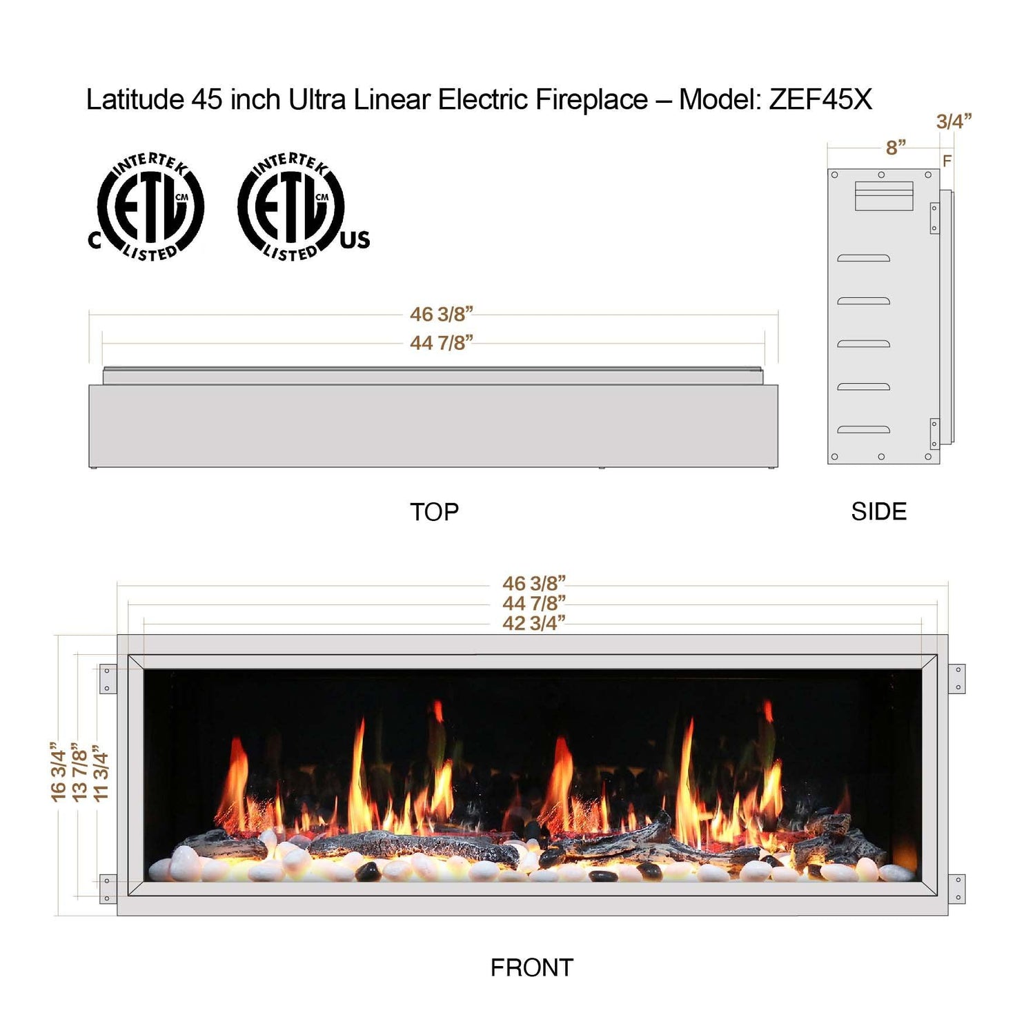 2025 NewLitedeer Homes Latitude 45" Ultra-Slim Smart Electric Fireplace – Multi-Flame LED, Driftwood Logs & River Rocks, WiFi/App-Control, Flush/Recessed/Wall-Mounted (Model: ZEF45X)