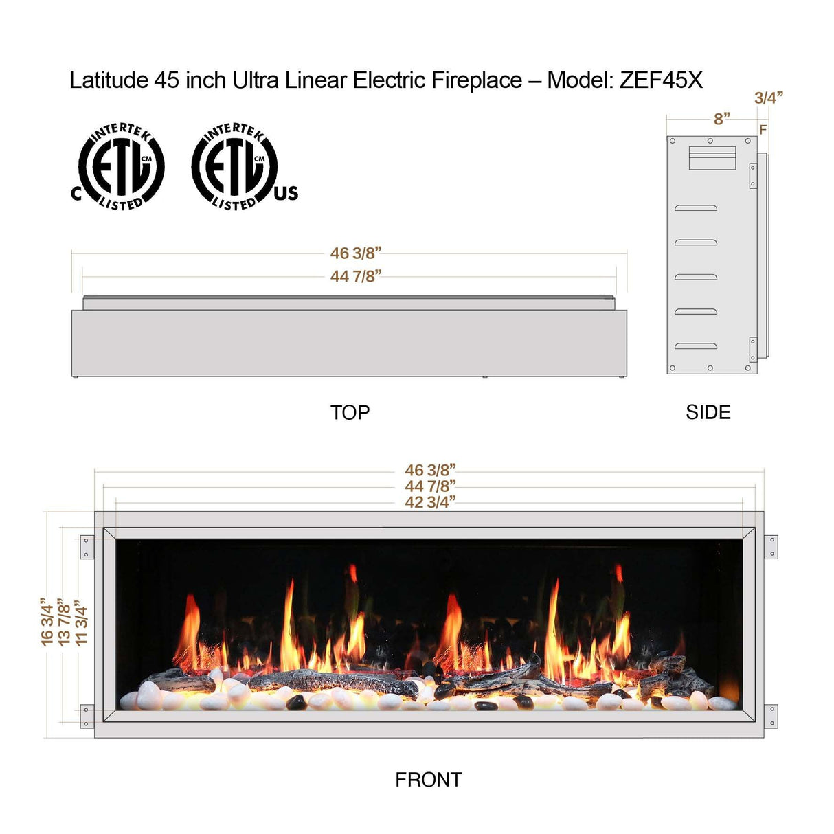 2025 NewLitedeer Homes Latitude 45" Ultra-Slim Smart Electric Fireplace – Multi-Flame LED, Driftwood Logs & River Rocks, WiFi/App-Control, Flush/Recessed/Wall-Mounted (Model: ZEF45X)