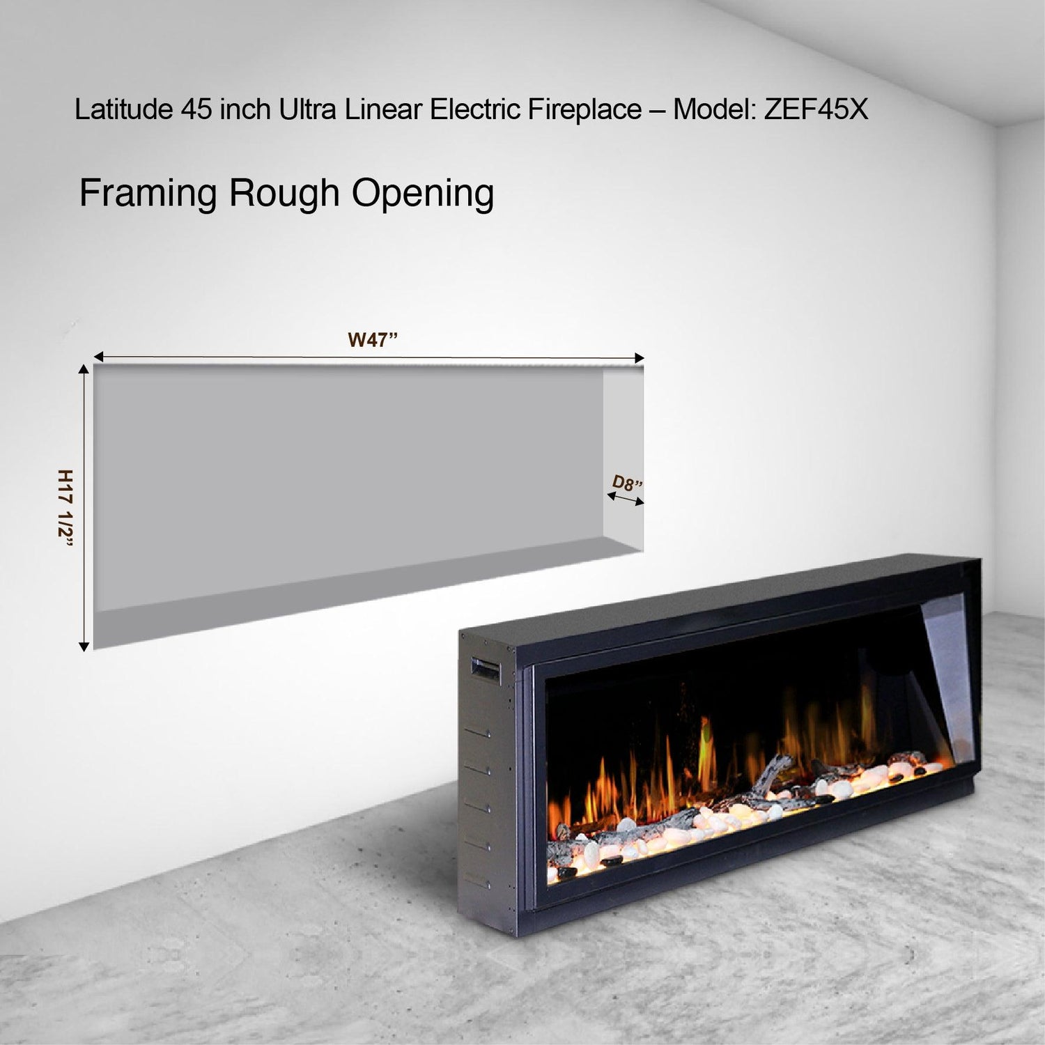 2025 NewLitedeer Homes Latitude 45" Ultra-Slim Smart Electric Fireplace – Multi-Flame LED, Driftwood Logs & River Rocks, WiFi/App-Control, Flush/Recessed/Wall-Mounted (Model: ZEF45X)