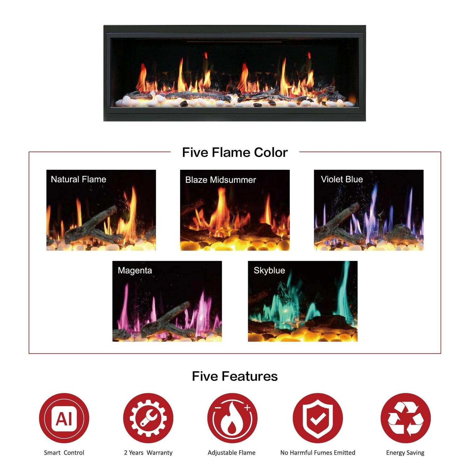 2025 NewLitedeer Homes Latitude 45" Ultra-Slim Smart Electric Fireplace – Multi-Flame LED, Driftwood Logs & River Rocks, WiFi/App-Control, Flush/Recessed/Wall-Mounted (Model: ZEF45X)