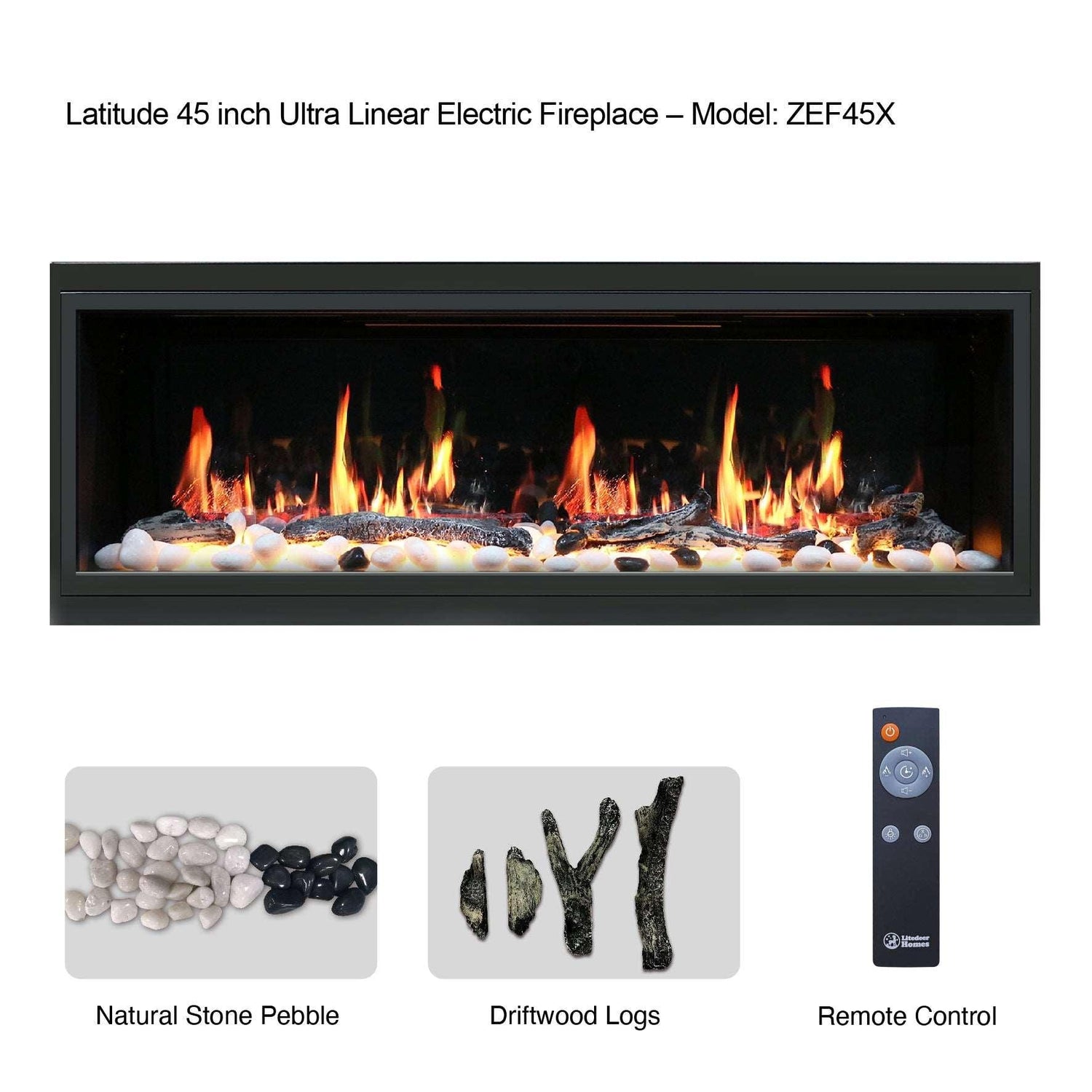2025 NewLitedeer Homes Latitude 45" Ultra-Slim Smart Electric Fireplace – Multi-Flame LED, Driftwood Logs & River Rocks, WiFi/App-Control, Flush/Recessed/Wall-Mounted (Model: ZEF45X)