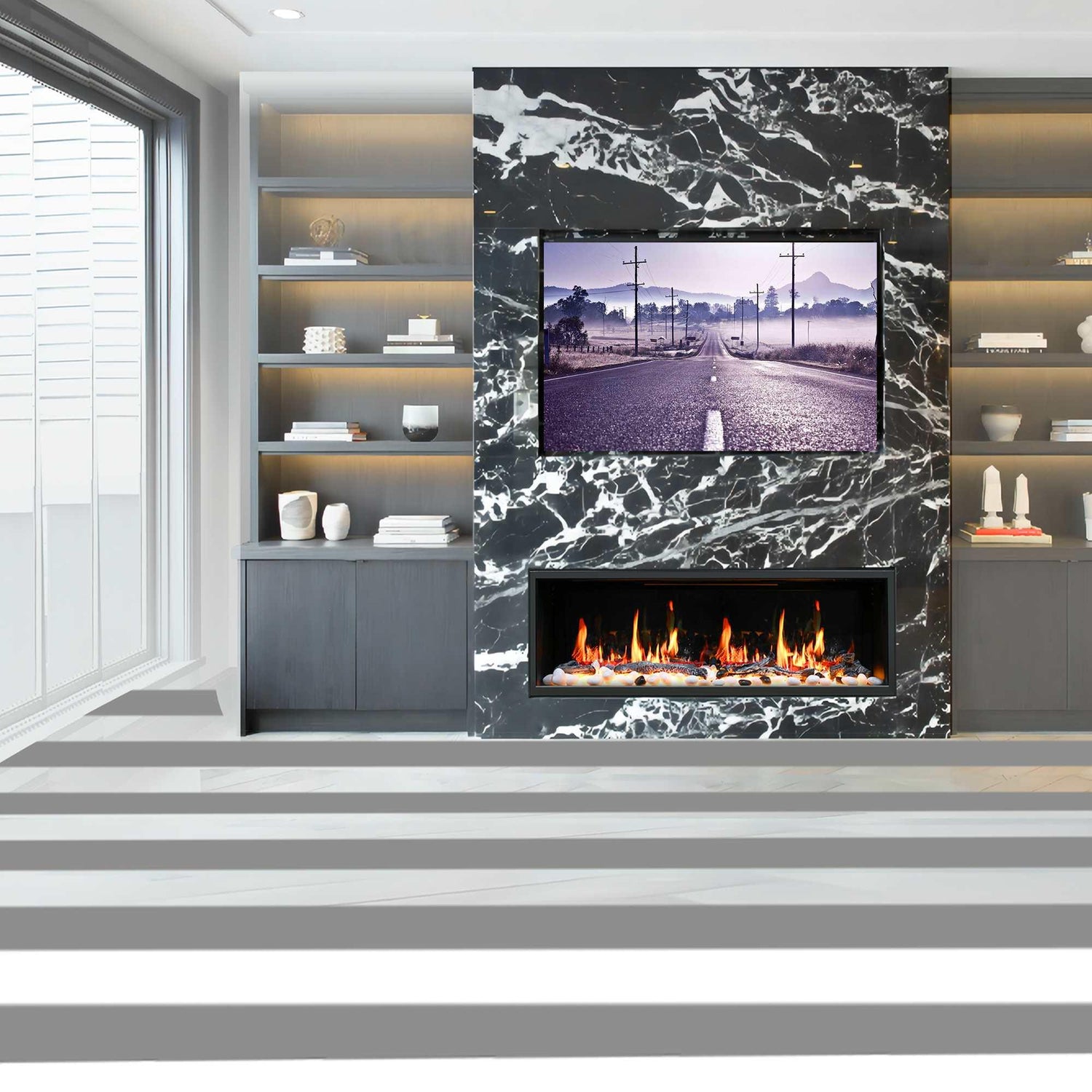 2025 NewLitedeer Homes Latitude 45" Ultra-Slim Smart Electric Fireplace – Multi-Flame LED, Driftwood Logs & River Rocks, WiFi/App-Control, Flush/Recessed/Wall-Mounted (Model: ZEF45X)