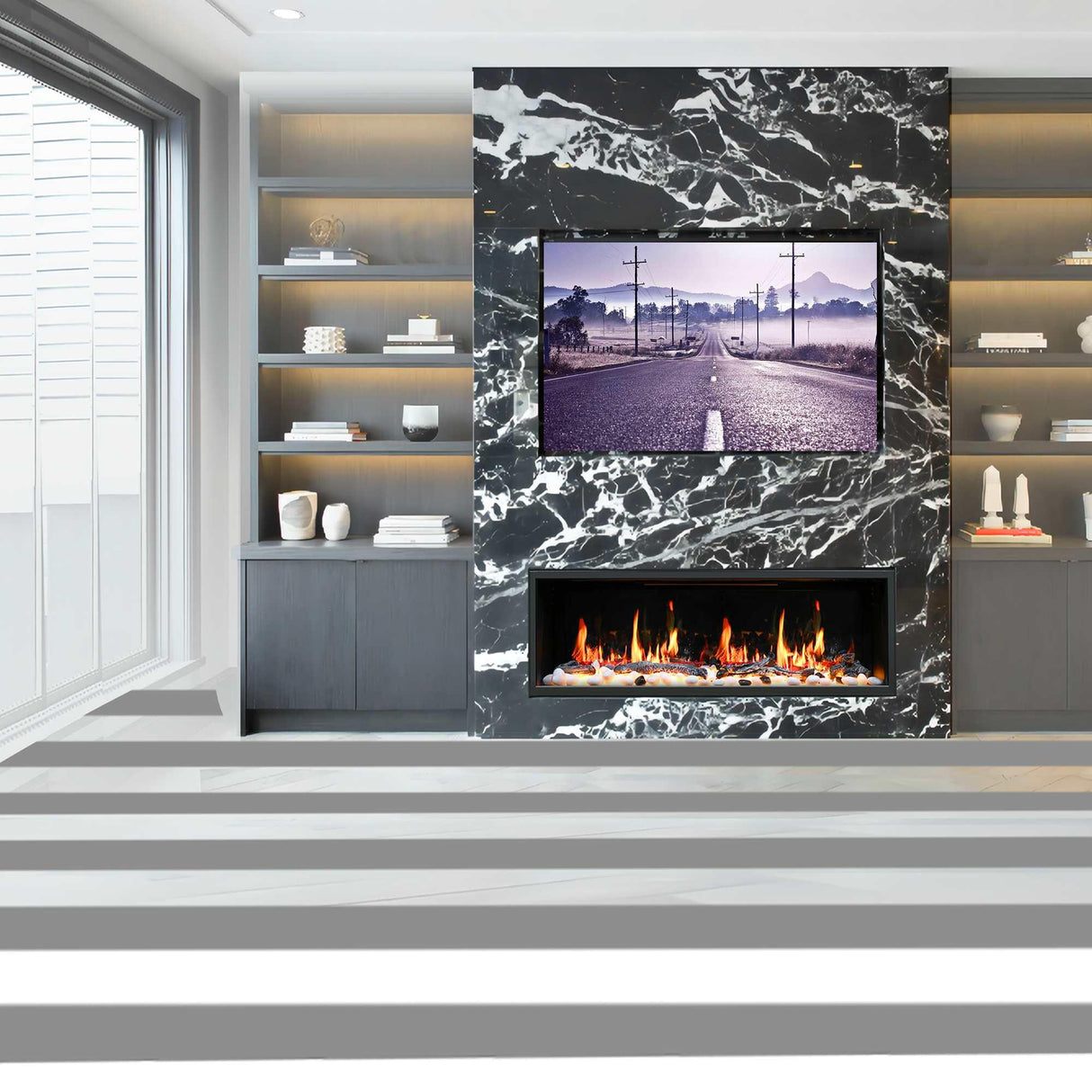 2025 NewLitedeer Homes Latitude 45" Ultra-Slim Smart Electric Fireplace – Multi-Flame LED, Driftwood Logs & River Rocks, WiFi/App-Control, Flush/Recessed/Wall-Mounted (Model: ZEF45X)