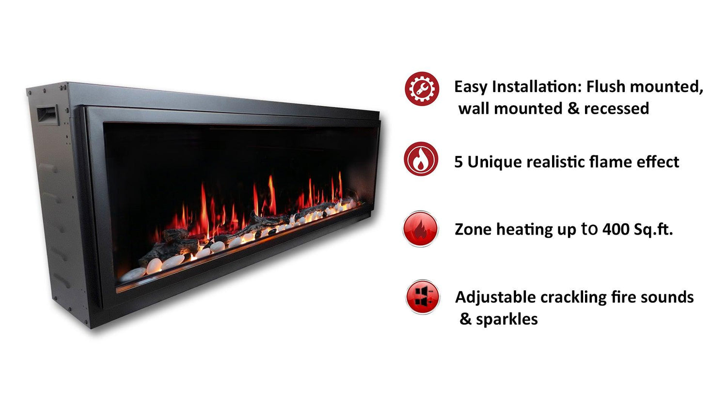 2025 NewLitedeer Homes Latitude 45" Ultra-Slim Smart Electric Fireplace – Multi-Flame LED, Driftwood Logs & River Rocks, WiFi/App-Control, Flush/Recessed/Wall-Mounted (Model: ZEF45X)