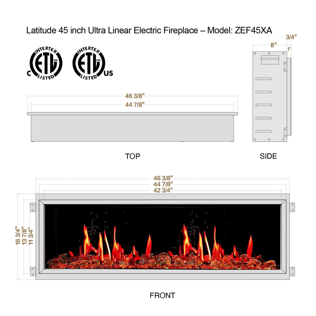 2025 New Litedeer Homes Latitude 45-inch Smart Electric Fireplace with 1-inch Trim Reflective Amber Glass - ZEF45XA