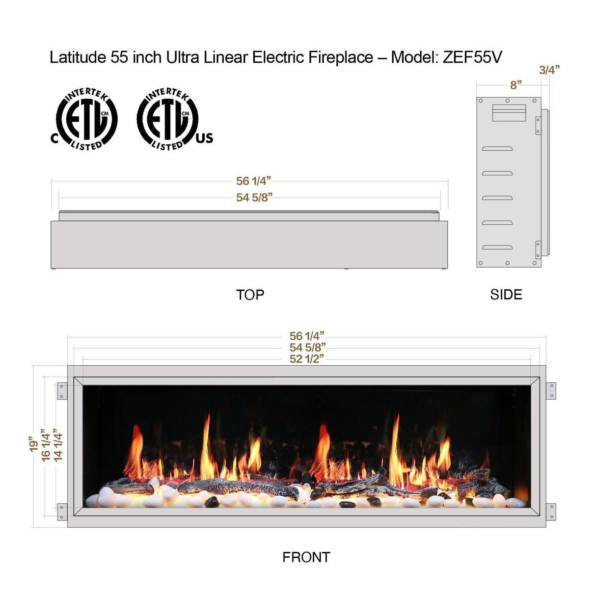 2025 New Litedeer Homes Latitude 55-inch Built-in Smart Electric Fireplace with 1-inch Trim, Multi-Flame LED, Driftwood Logs & River Rocks, WiFi/App-Control, Flush/Recessed/Built-in (Model: ZEF55V)
