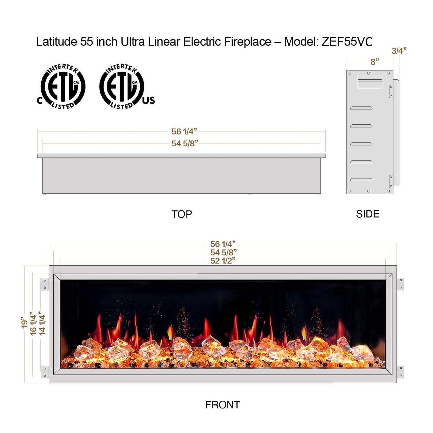 2025 New Litedeer Homes Latitude 55 inch Built-in Smart Electric Fireplace with Crackling Sounds, Diamond-like Crystal - ZEF55VC