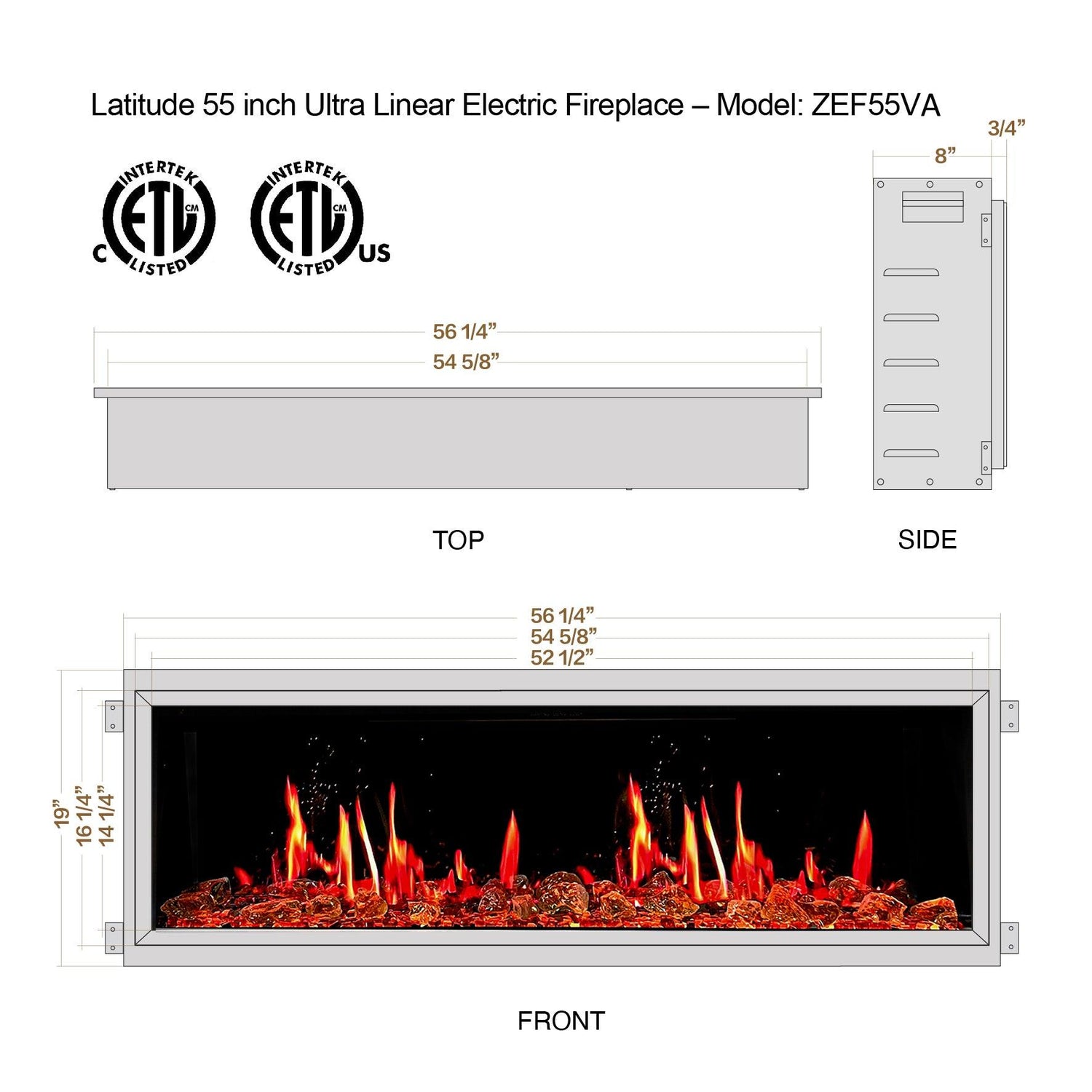 2025 New Litedeer Latitude 55" Ultra-slim Smart Electric Fireplace with Reflective Amber Glass (Model:ZEF55T)
