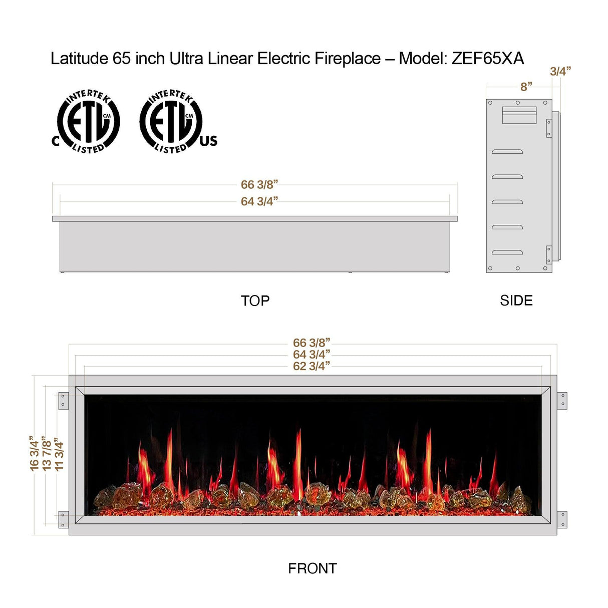 2025 New Litedeer Homes Latitude 65" Smart Built-in Electric Fireplace with Reflective Amber Glass - ZEF65XA