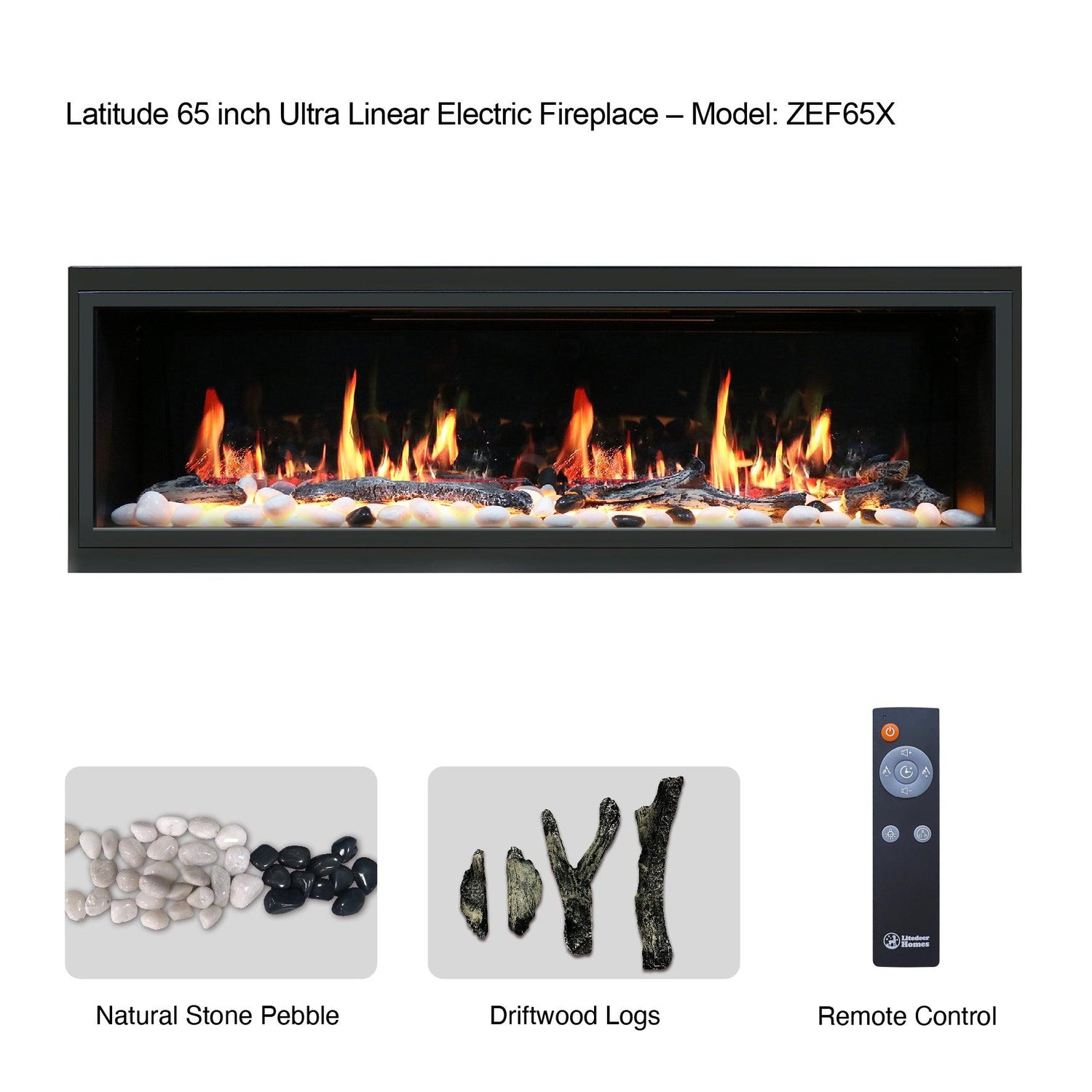 2025 NewLited eer Homes Latitude 65-inch Ultra-Slim Smart Electric Fireplace with 1-inch Trim – Multi-Flame LED, Driftwood Logs & River Rocks, WiFi/App-Control, Flush/Recessed/Wall-Mounted (Model: ZEF65X)