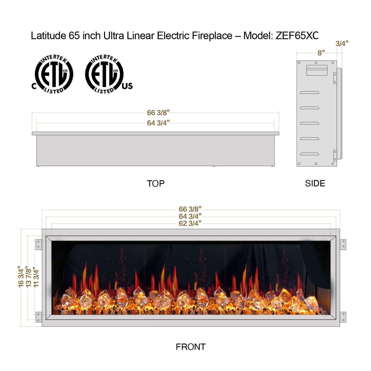 2025 New Litedeer Homes Latitude 65 inch Ultra-Slim Smart Electric Fireplace with Crackling Sounds, Diamond-like Crystal - ZEF65XC
