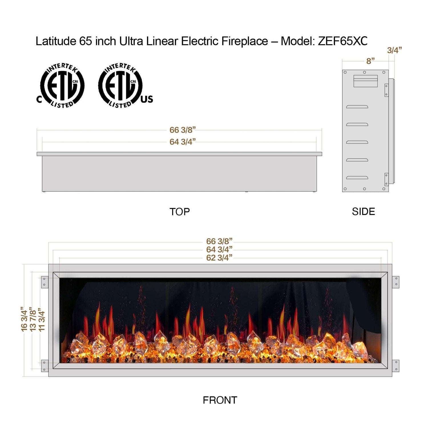 2025 New Litedeer Homes Latitude 65 inch Ultra-Slim Smart Electric Fireplace with Crackling Sounds, Diamond-like Crystal - ZEF65XC