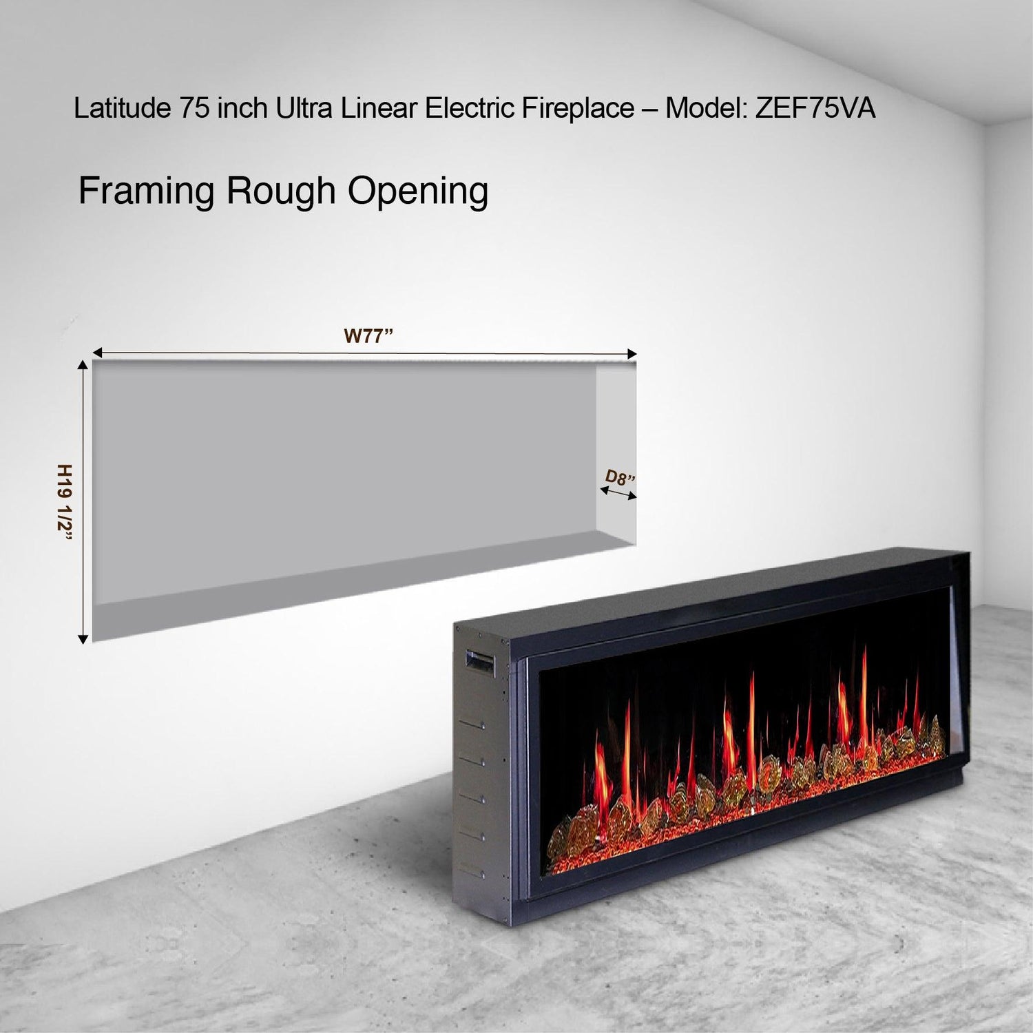 Litedeer Homes Latitude 75-inch Built-in Electric Fireplace with Wifi, Fireplace App, 5 Unique Flame -ZEF75VA