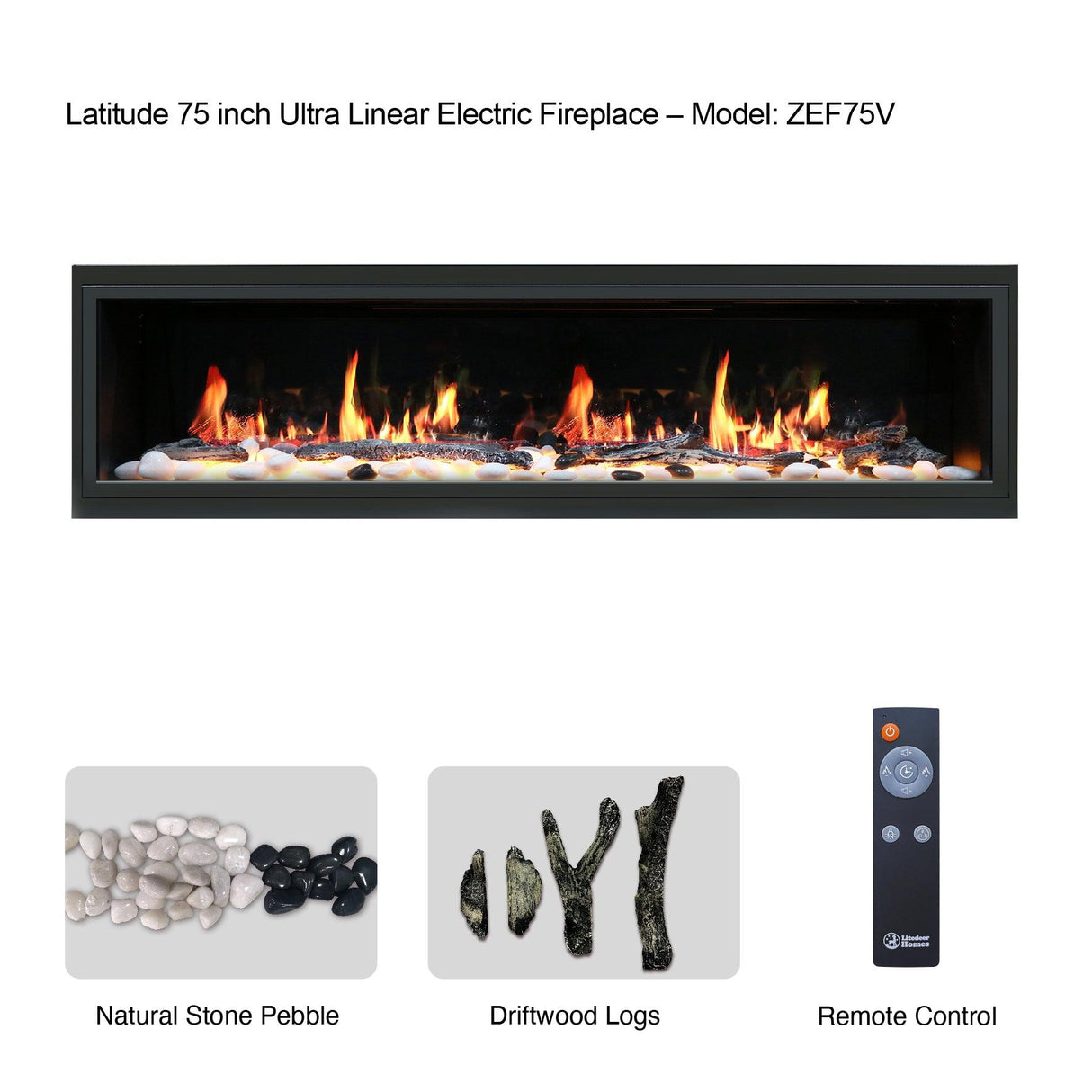 2025 New Lited eer Homes Latitude 75-inch Ultra-Sleek Smart Electric Fireplace with 1-inch Trim – Multi-Flame LED, Driftwood Logs & River Rocks, WiFi/App-Control, Flush/Recessed/Built-in Wall (Model: ZEF75V)